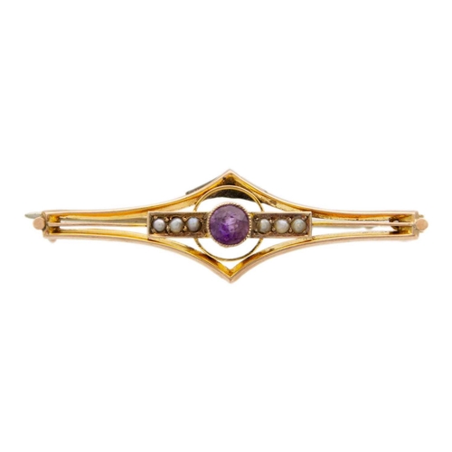 232 - A 9ct yellow gold amethyst and pearl set brooch. With a centered small round cut amethyst and three ... 