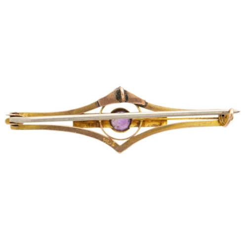 232 - A 9ct yellow gold amethyst and pearl set brooch. With a centered small round cut amethyst and three ... 