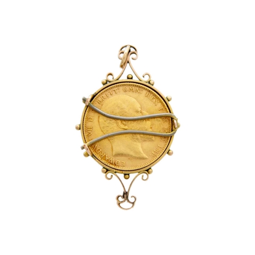 235 - A 9ct mounted sovereign coin pendant. .The pendant drop 4.5cm, 10.56g.