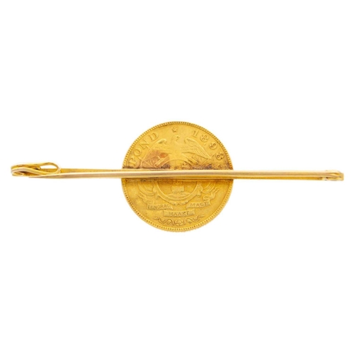 236 - An 1898 one pond gold coin mounted to a bar brooch. The bar of the brooch is high purity gold (tests... 