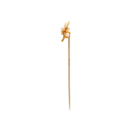 237 - A Victorian 15ct gold stick pin , the pearl set finial in the form of an oak leaf with two acorns By... 