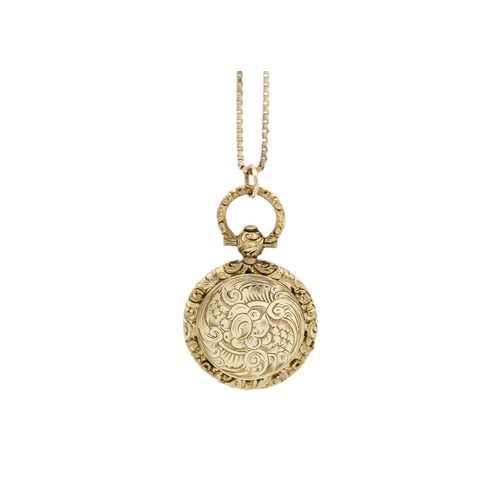 249 - A 19th century gold mourning locket pendant. With foliate embossed and chased edge, with memorial en... 