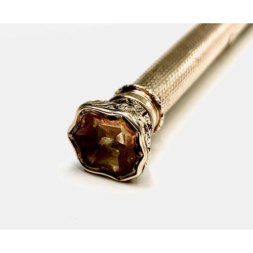 255 - A Victorian gold propelling pencil. With date 11 Dec 1847. Citrine stone seal finial, 15.1g. Lot 552... 