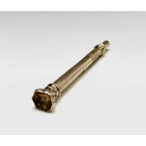 255 - A Victorian gold propelling pencil. With date 11 Dec 1847. Citrine stone seal finial, 15.1g. Lot 552... 