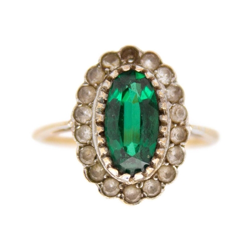 28 - A 9ct gold green synthetic spinel and white stone cluster ring and another 10ct paste set ring. The ... 