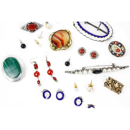 300 - A collection of silver buckle, earrings and brooches A silver and guilloche enamel belt buckle and b... 