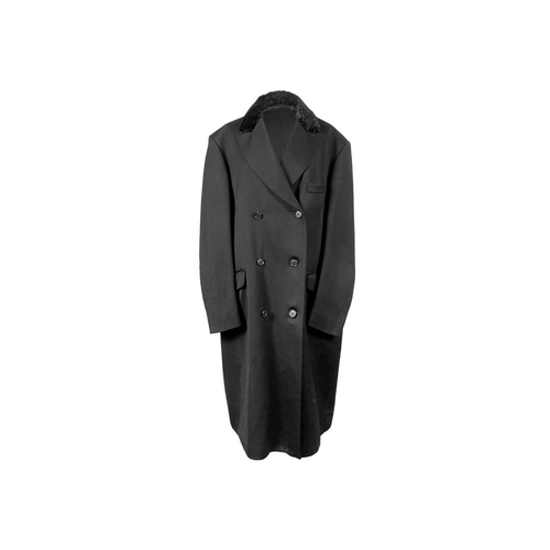 305 - A gentleman's black wool double breast overcoat with Astrakhan fur collar, by A. Oakes. Size large a... 