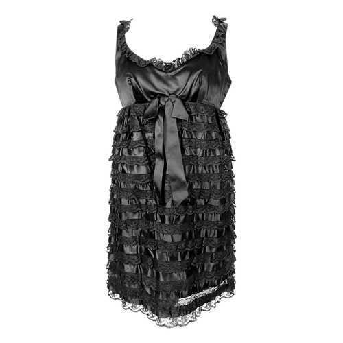 307 - JEAN VARON - A 1960's black satin fabric and lace cocktail mini dress. Armpit tp armpit 16