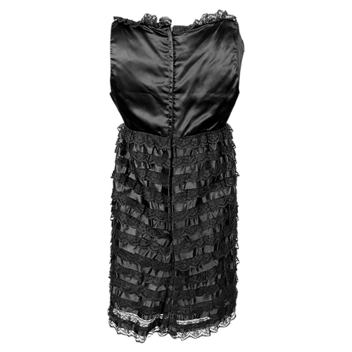 307 - JEAN VARON - A 1960's black satin fabric and lace cocktail mini dress. Armpit tp armpit 16