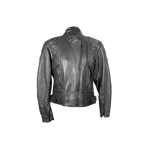 310 - BELSTAFF - A black leather motorcycle biker jacket. Size 16.