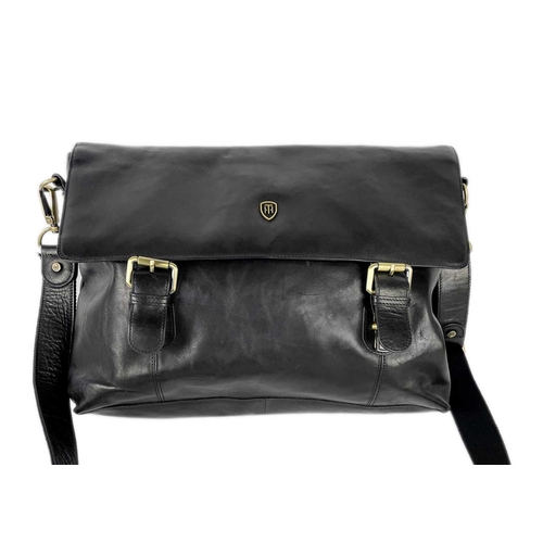 317 - A Tumble & Hide black leather messenger bag. Width 38cm. With dust cover and papers.