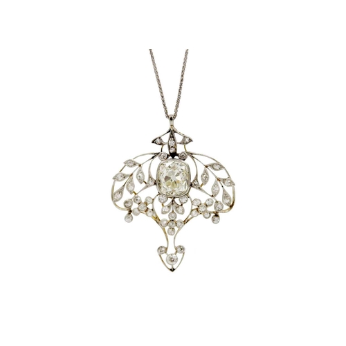 32 - An exquisite Belle Époque diamond pendant with certified Old Mine cut 3.97ct light yellow diamond. O... 