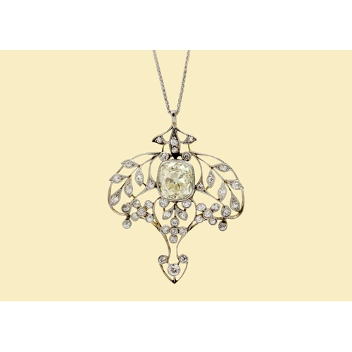 32 - An exquisite Belle Époque diamond pendant with certified Old Mine cut 3.97ct light yellow diamond. O... 