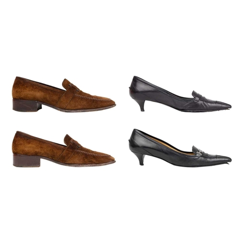 325 - Two pairs of Hermès shoes. A pair of brown suede loafers, UK size 6, with a pair of black leather po... 