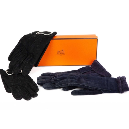 329 - Two pairs of Hermes suede gloves. One pair in black made from soft kid suede with chrome buckle deta... 