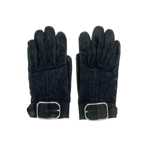 329 - Two pairs of Hermes suede gloves. One pair in black made from soft kid suede with chrome buckle deta... 