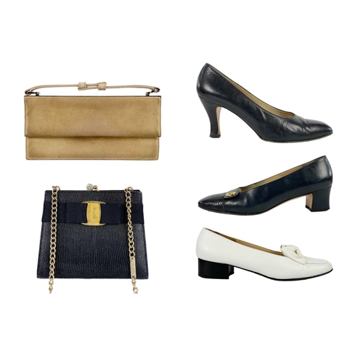 331 - SALVATORE FERRAGAMO - A small navy leather shoulder bag, clutch bag and three pairs of shoes. The to... 