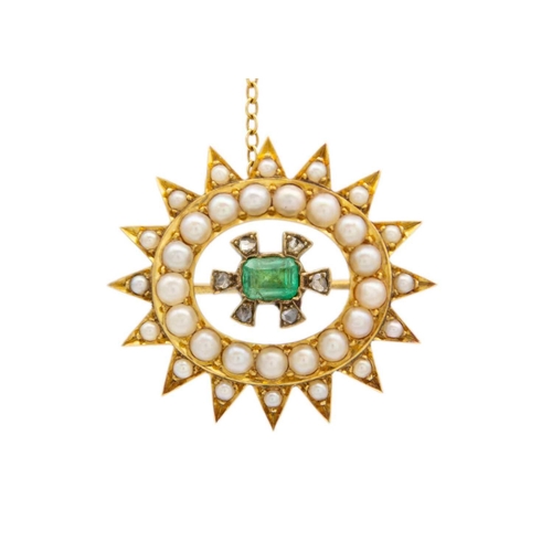 4 - A Victorian high purity gold (tests 15ct) diamond, emerald and split pearl demi-parure. Comprising a... 