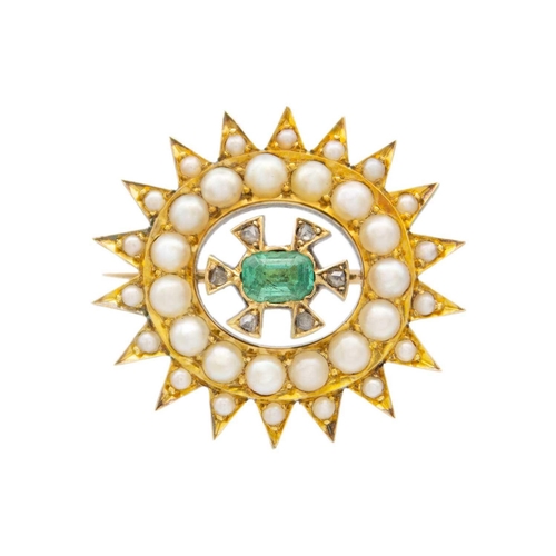 4 - A Victorian high purity gold (tests 15ct) diamond, emerald and split pearl demi-parure. Comprising a... 