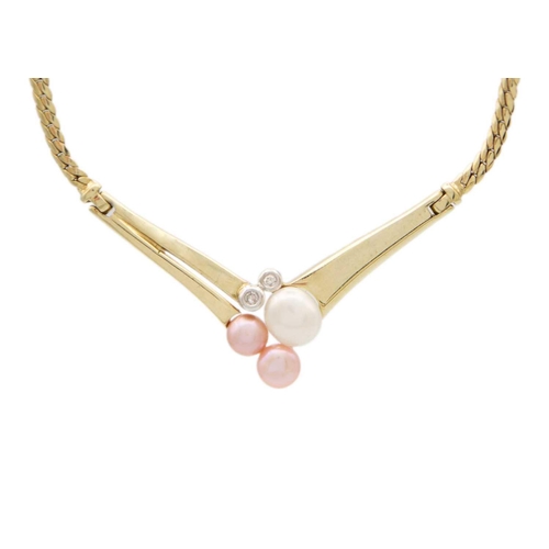 46 - A 9ct hallmarked gold diamond and cultured white and pink pearl set demi-parure. To include a pendan... 