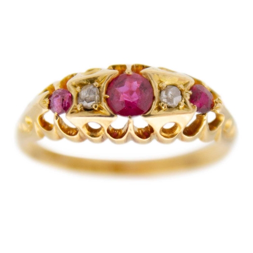 50 - A Victorian 18ct hallmarked gold diamond and ruby set five stone ring. In a boat shaped setting, Che... 