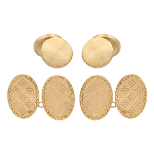 52 - A pair of 9ct hallmarked gold engine-turned oval cufflinks. Weight 3.6g; together with a pair of gol... 