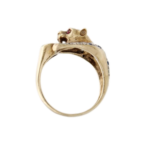 80 - A 9ct leopard design ring set with diamonds, sapphires and cabochon ruby eyes. London import hallmar... 