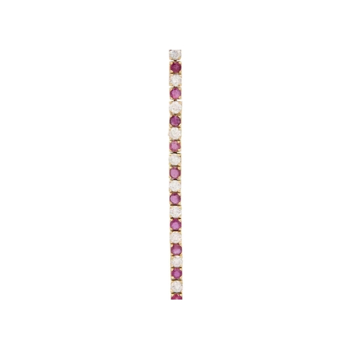 93 - 14k gold ruby, white spinel tennis bracelet Stamped 585k on a clasp, length 19cm, 11.7g.