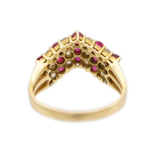 94 - A 14ct gold red spinel and CZ set wishbone ring. Stamped 585, size M, 3.29g.