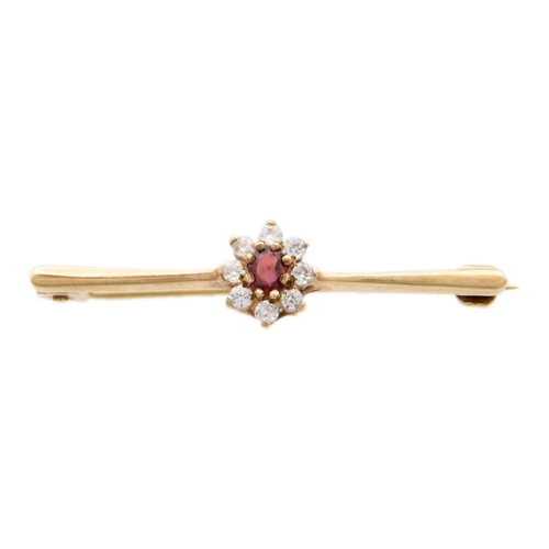 96 - A 9ct garnet and CZ cluster bar brooch, and a 9ct smoky quartz cocktail ring. The brooch stamped 375... 