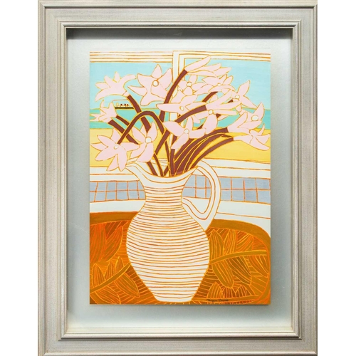 127 - Bryan PEARCE (1929-2006) Belladonna Lillies in a Striped Jug overlooking Porthmeor Oil on board, sig... 