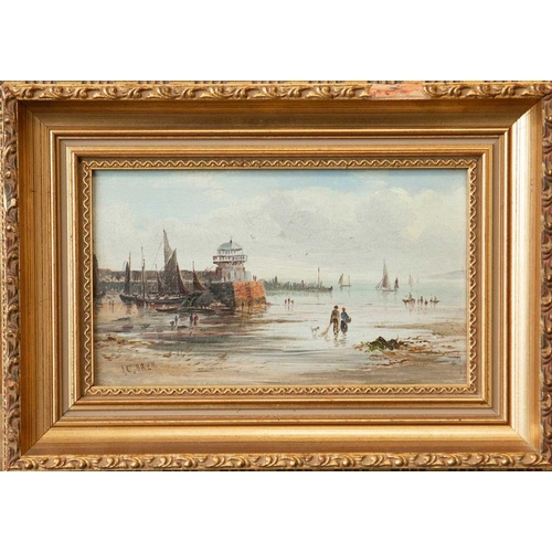 136 - John Clarkson Isaac UREN (1845-1932) Smeaton's Pier, St Ives  Oil on board, signed, 12 x 21cm, frame... 