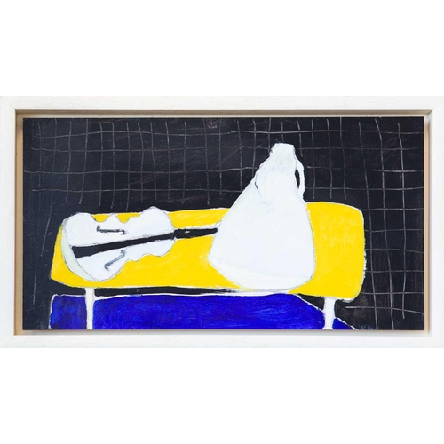 17 - Romi BEHRENS (1939-2019) White, Yellow, Blue, Black, 1991 Oil on board, signed and inscribed to vers... 