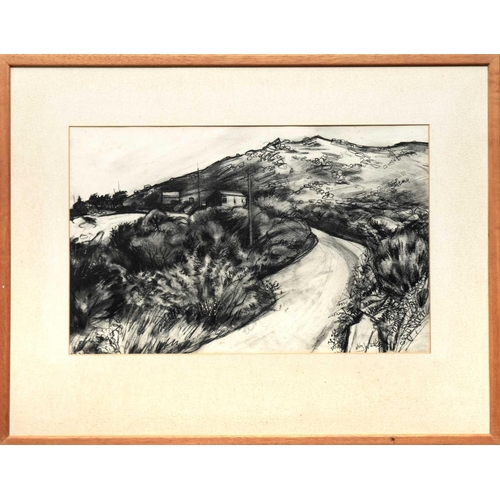 216 - Reg WATKISS (1933-2010) Road near Zennor Charcoal on paper, signed, 33 x 53cm, 57 x 72cm framed.