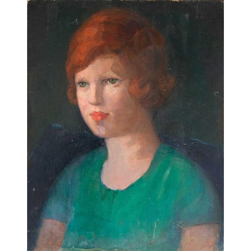 240 - Emily ALLNUTT (1869-1944) Green Eyed Girl  Oil on panel, signed, 41 x 33cm Allnutt studied at the Sl... 