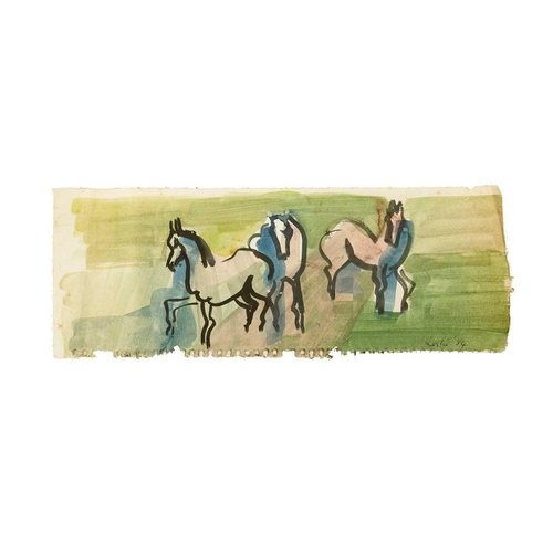 25 - Leslie ILLSLEY (1936-1989) Prancing Horses Watercolour on paper, signed and dated '84, 15cm x 42cm.