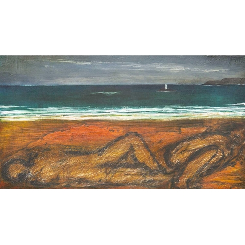 386 - John EMANUEL (1930) Two Figures on Beach Mixed media on board, 20 x 35cm, 44 x 60cm framed. Wills La... 