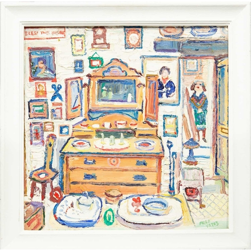 387 - Fred YATES (1922-2008) Antique Shop, St. Just Oil on board, signed, 50 x 50cm, 61 x 61cm framed.