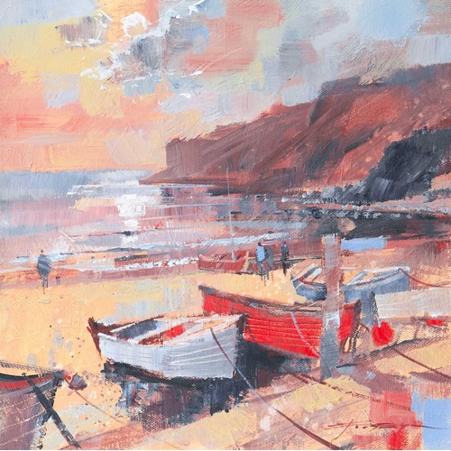 388 - Chris FORSEY (XX-XXI) Misty Red, Lulworth Cove Oil on canvas, signed, 29cm x 28.5cm.