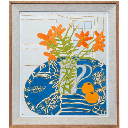 71 - Bryan PEARCE (1929-2006) Still Life with Orange Flowers, 1996  Oil on board, signed, artist's label ... 