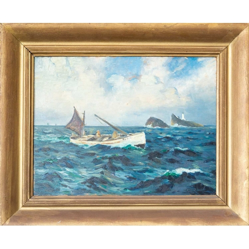 95 - George Fagan BRADSHAW (1887-1960) Fishing Boat Passing Godrevy Lighthouse Oil on board, signed, 31 x... 