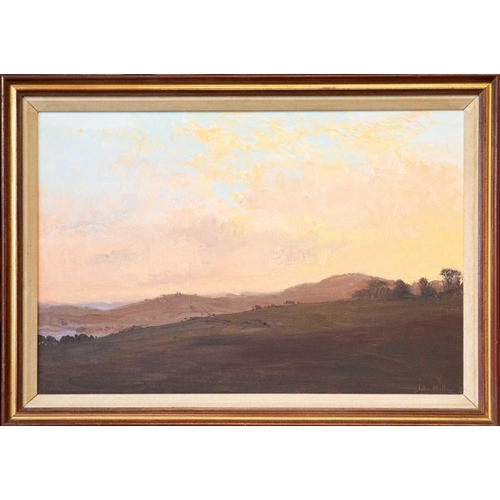 98 - John MILLER (1931-2002) Evening Over Beaminter Oil on canvas, signed, further signed and inscribed t... 