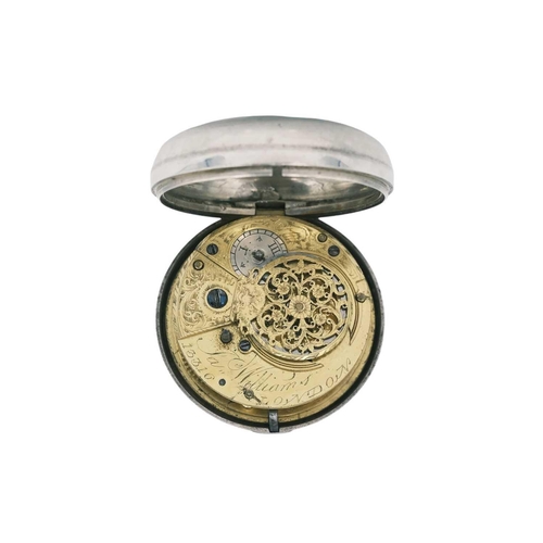 13 - A George III silver pair case fusee verge pocket watch. The white enamel dial with Arabic numerals, ... 