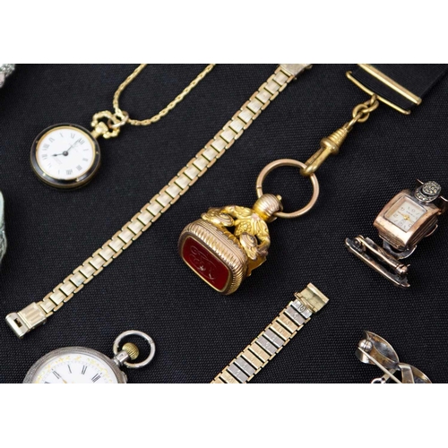 174 - A collection of lady's pocket and wristwatches, as well as a pocket watch seal and fob.. To include ... 