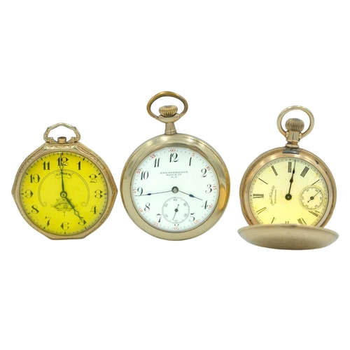 187 - A group of four American gold-plated crown wind pocket watches for repair or spares. To include a Wa... 