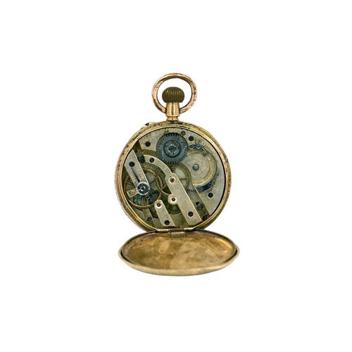 195 - An 18ct cased Swiss crown wind fob watch for repair or spares. With engraved case stamped 18K, gold-... 