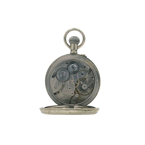 197 - A Goliath nickel cased pocket watch in a brass trench art holder. The white enamel dial with Roman n... 