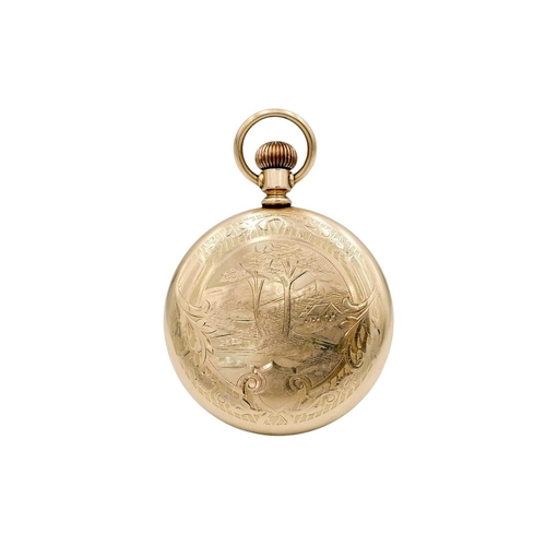 20 - HAMILTON WATCH COMPANY - A gold plated crown wind lever set pocket watch. The signed dial with Arabi... 