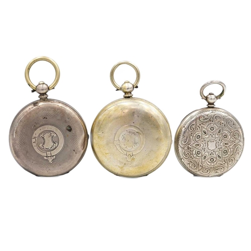 200 - A selection of three silver cased key wind pocket watches. One is a fob with cylinder movement, engr... 