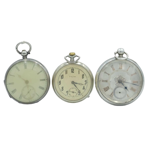 202 - Two silver-cased key wind pocket watches and a Roamer nickel cased crown wind pocket watch. One by W... 